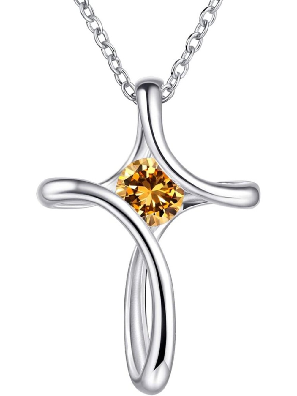 Women's Yellow Diamond Sideways Sterling Silver Birthstone Cross Necklace Chain